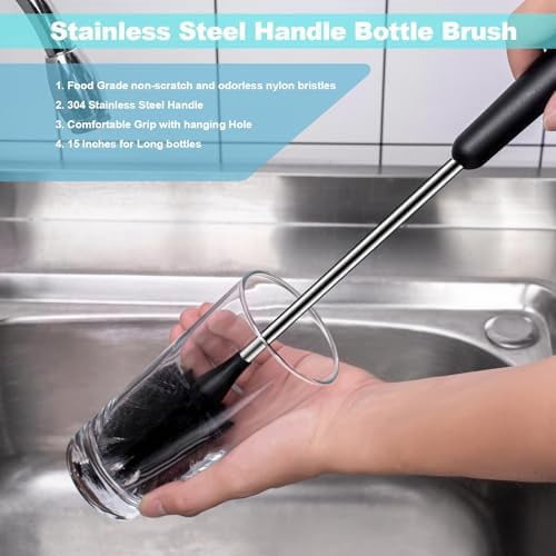 [4 Pack] Water Bottle Brush & Straw Cleaner Set,Stainless Steel Long Handle Baby Bottle Scrub Cleaning Brush for Sports Bottles, Cups, Dishes, Coffee Mugs, Glasswares, Tumblers, Wine Decanters