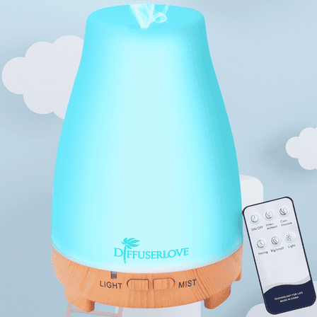 Diffuserlove 200ml Essential Oil Diffuser - Remote Control, 7 Color Lights & Auto Shut-Off for Home（Yellow  wood grain background）