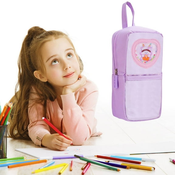 Denhf Vertical Pencil Case, Large Capacity Zipper Pencil Pouch with Handle and Pocket, Cute Pencil Bag for Stationery Storage, Portable Makeup Bag, Purple