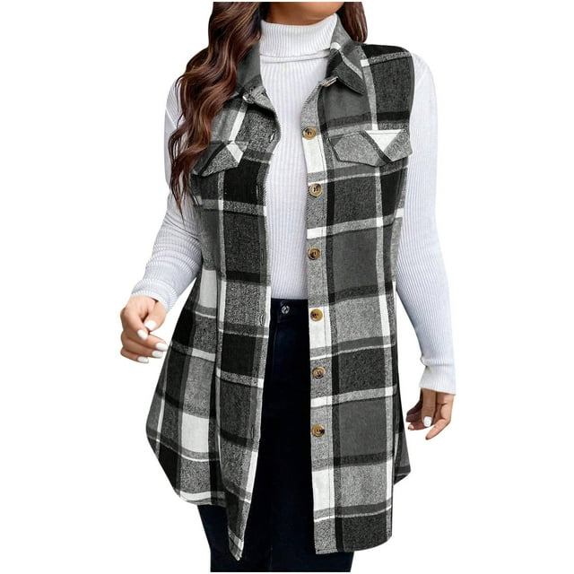 Gilets Thermiques d'Hiver pour Femmes Mode Décontractée à Carreaux Double Face Vestes Sans Manches Col Rabattu Chaud Doux Noir G