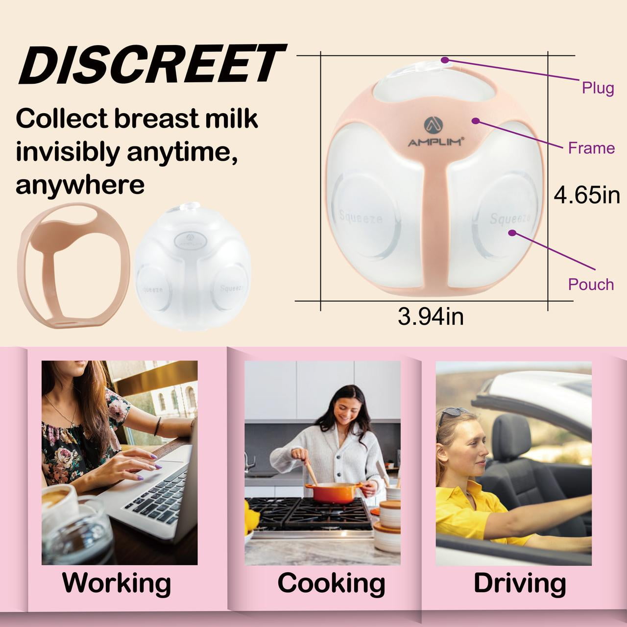 Amplim Wearable Manual Breast Pump, Discrete Hands-Free Silicone Milk Collector for Breastfeeding, Strong Letdown Suction, Leakproof 4oz Milk Saver, Comfortable Nursing Shells, HSA/FSA Eligible, Pink