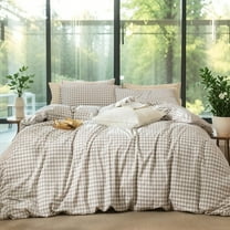 NAYOROOM 100% Organic Cotton Gingham Duvet Cover Full Set, 3-Piece Linen Like Textured Breathable Soft Bedding Cover （Tannish Linen Beige Gingham）