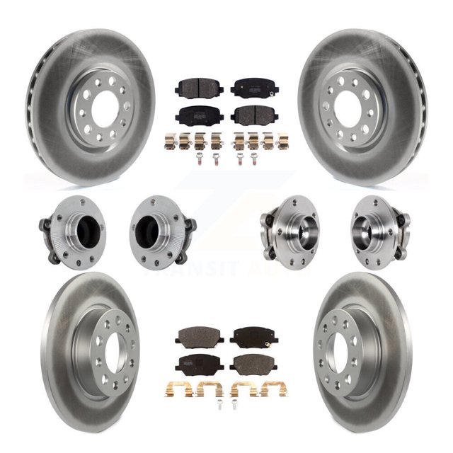 Transit Auto Front Rear Hub Bearings Assembly Coated Disc Brake Rotors and Semi-Metallic Pads Kit (10Pc) for Car Jeep Renegade Fiat 500X FWD - Left Right Side (Driver Passenger) KBB-131749