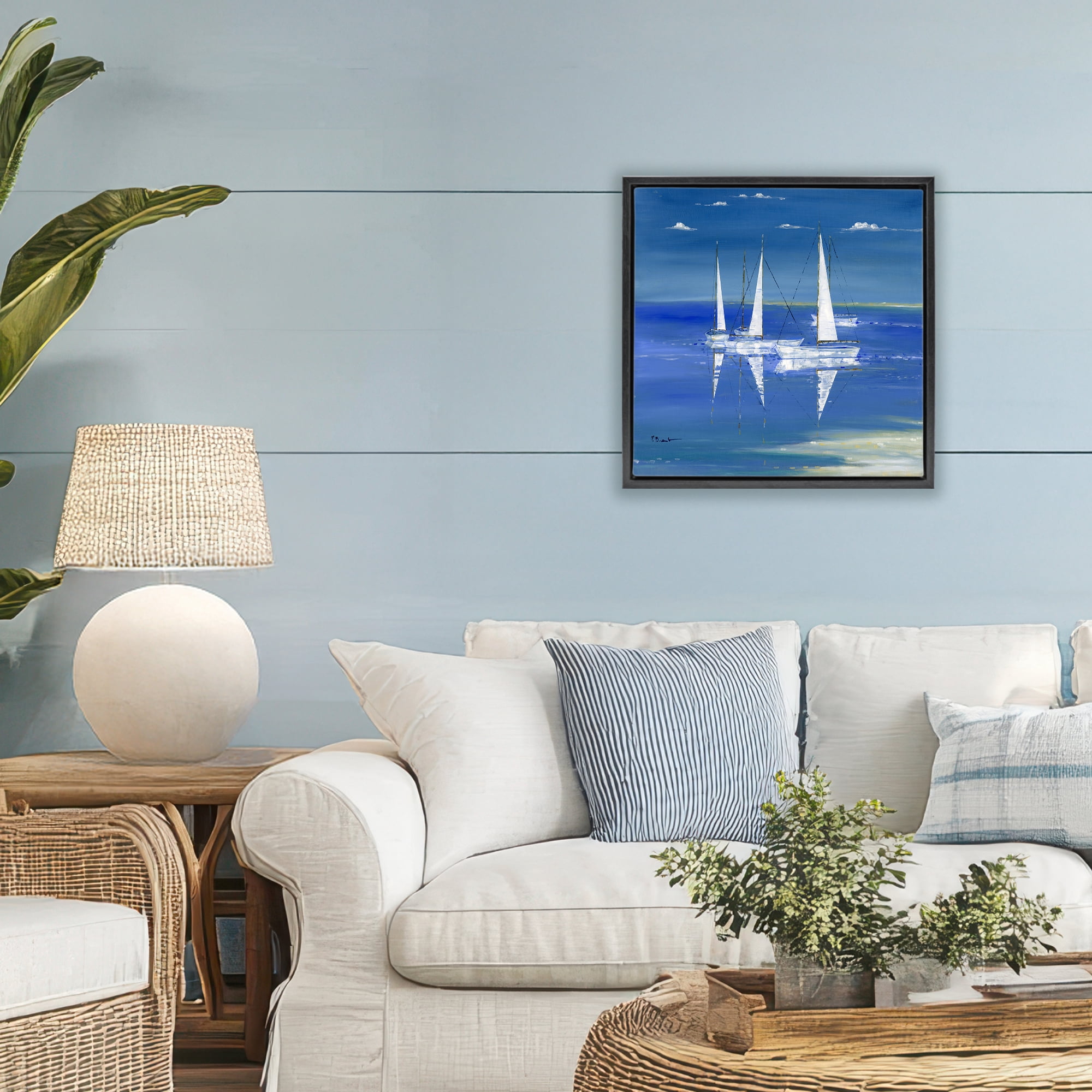 Stupell Industries Serenity Sailboats Reflected on Water Black Framed Floater Canvas Wall Art, design by Paul Brent