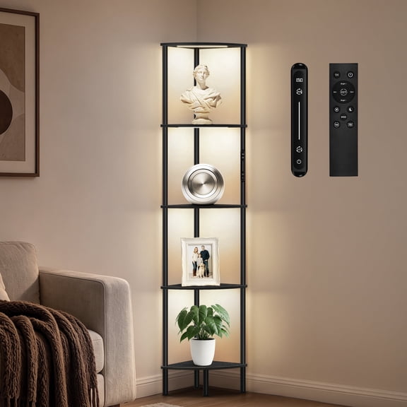 OUTONLIFE Corner Shelf Bookcase with LED Light Strip, 5-Tier Corner Bookshelf, Corner Shelf Stand, Corner Bookshelf, Storage Standing Shelf Unit for Living Room, Bedroom, Kitchen, Black
