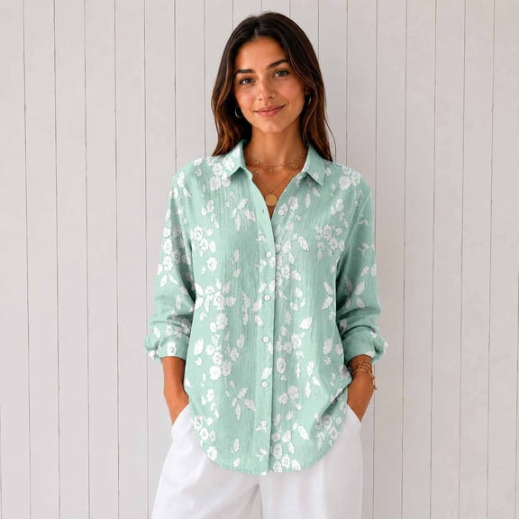 Women's Floral Button Down Shirt, 3/4 Sleeve Casual Blouse