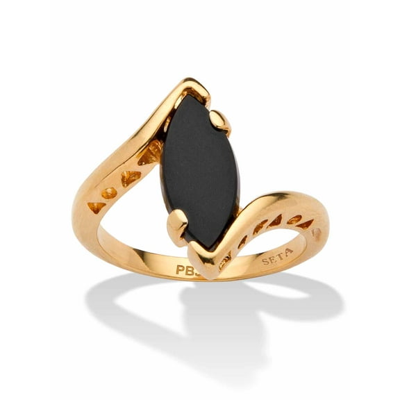 PalmBeach Jewelry Marquise Shaped Genuine Onyx 18k Yellow Gold Plated or Sterling Silver Bypass Ring