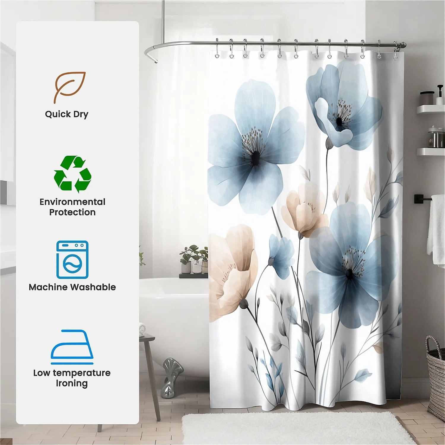 Shower Curtain Navy Blue Geometric Water Repellent Shower Curtain Set, With Hooks，Machine Washable, Modern Decorative Polyester Cloth Shower Curtains For Bathroom,72"x84",Blue Beige Floral Art