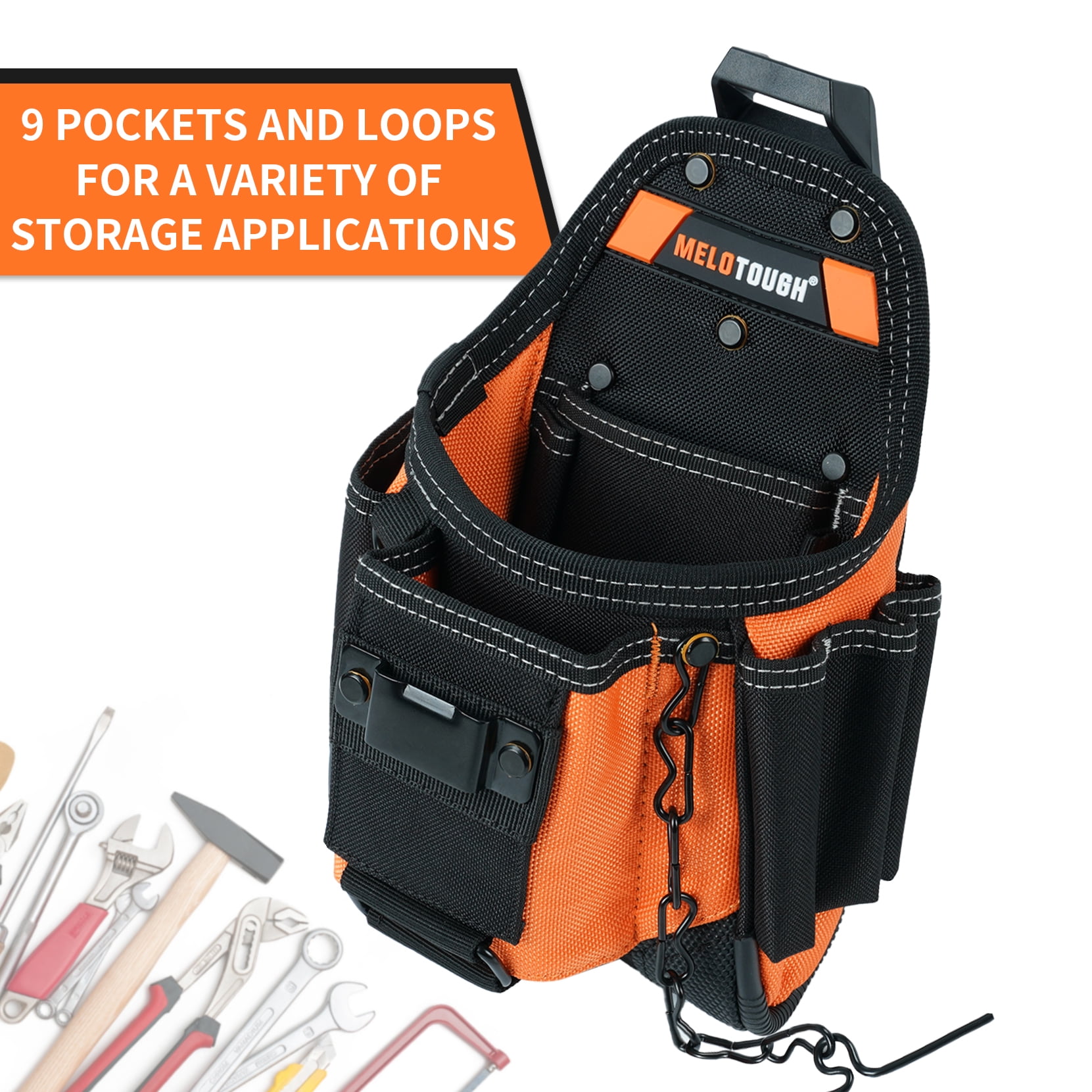 MELOTOUGH Small Electrician Tool Pouch With Belt Clip Attachment - 9 Pockets Tradesman Bag With Tape Thong - Holster for Electricians