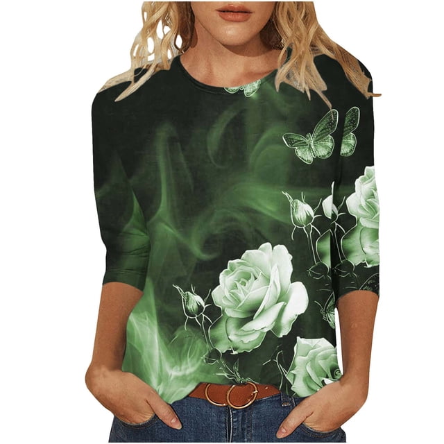 COM1950s Blouses pour Femmes, T-Shirts pour Femmes, T-Shirt à Imprimés Mode pour Femmes Manches 3/4 Blouse Col Rond Décontracté, Blouse pour Femmes, Blouses pour Femmes Manches 3/4, Blouses à Manches 3/4 pour Femmes