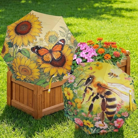 Adjustable 2 Pack 23.6" Plant Shade Umbrella for Outdoor Garden Outdoor Patio Umbrella Garden Umbrellas with Flower Bee Butterfly Housewarming Ornament for Patio Lawn Yard Pathway, 42.7" Height