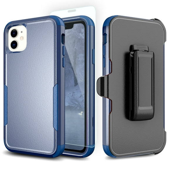 TJS Phone Case for iPhone 11 Case with Tempered Glass Screen Protector, Belt Clip Holster Heavy Duty Rugged Shockproof Full Body Protection Cover (Blue)