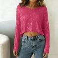thumbnail image 2 of Enjoytime Womens Blouses Solid Color Sequin Sparkly Round Neck Crop Tops Dressy Concert Party Long Sleeve Shirts Hot Pink L, 2 of 7