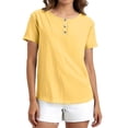 thumbnail image 2 of Women Tshirts Trendy Sawvnm Women's Fashionable Casual Vacation Everyday Solid Color Button-down Crew Neck Short Sleeves Top Tank Tops for Women Yellow XL, 2 of 9