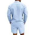 thumbnail image 4 of Ohufall Men 2 Piece Outfit Button Turndown Collared Loose Long-sleeve Shirt with Drawstring Elastic Waist Baggy Shorts Suit, 4 of 5