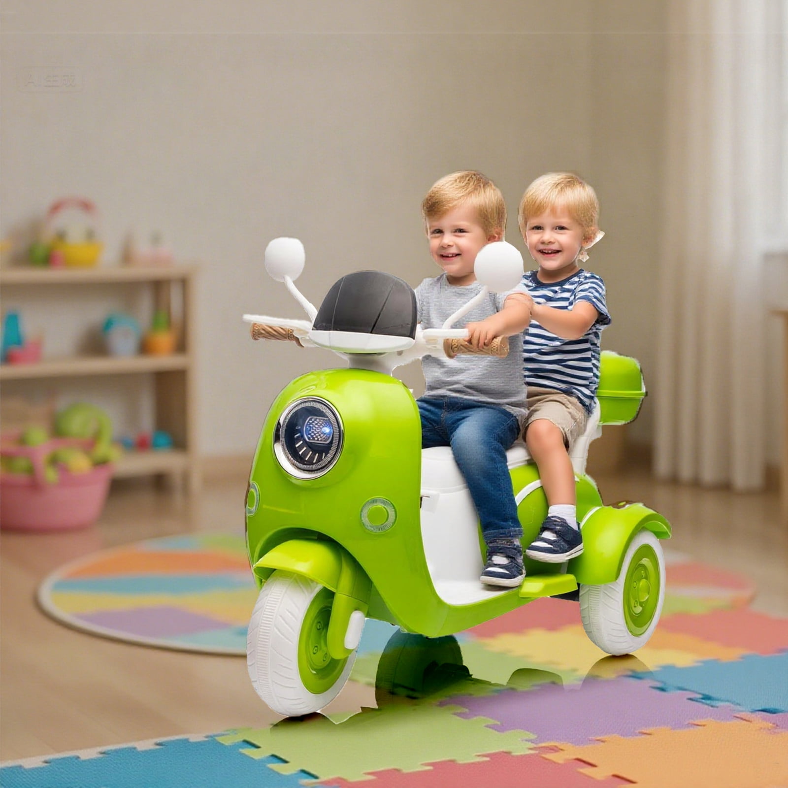 FINITO 12V 2 Seater Kids Electric Motorcycle, 3 Wheel 2WD Electric Bike with Storage Box, Bluetooth Music, LED Light, Green