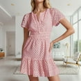 thumbnail image 2 of vigerkar 2025 Women Summer Short Dress V Neck Short Sleeve A Line Hollow Out Lace Ruffle Cute Casual Beach Party Dresses Pink, XXL, 2 of 9