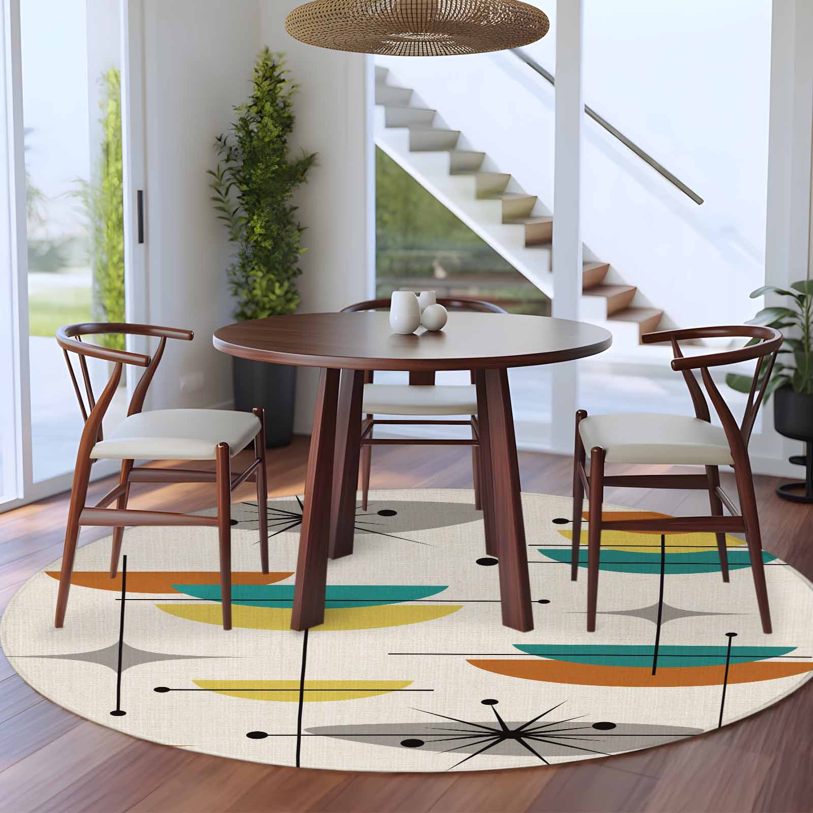 Boho Modern Round Rugs 8ft, Middle Century Teal Yellow Orange Geometric Non Slip Washable Rug Runner, Low Pile Indoor Floor Carpet Mat Bathroom Rugs for Living Room, Bedroom, Kids Room