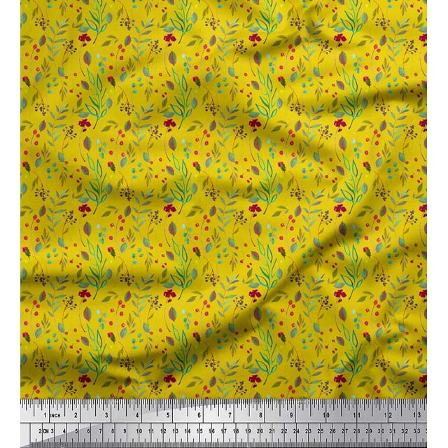 Soimoi Tissu Satin Modal Jaune Baies Rouges & Feuilles de Hêtre Imprimé Tissu d'Artisanat au Mètre 42 Pouces de Large