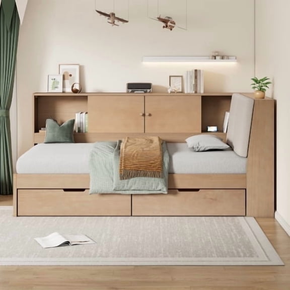 Twin Wooden Daybed with Storage Bookcase and Drawers, Corner Twin Bed Frame with USB & Upholstered Headboard, Daybeds for Teens Adults, Natural
