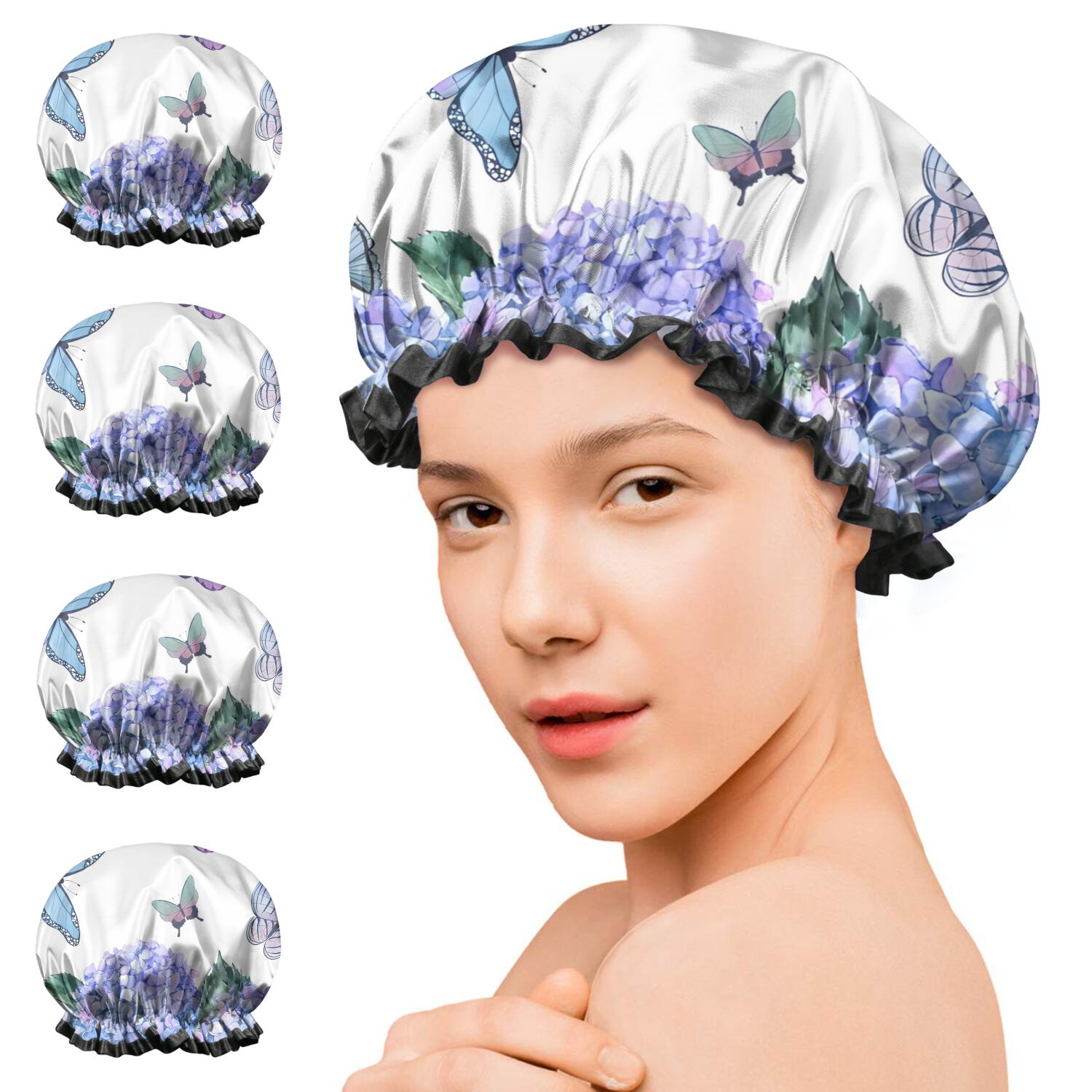 Shower Caps,Pink Butterfly Flower Pattern Waterproof Shower Cap for Women 4 Pieces,Double Reusable Hair Cover for Shower PEVA Elastic Stretch Hem