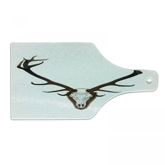 Antlers Cutting Board, Antlers of a Huge Stag Bones Mounted on a Wooden Plate Prize Skull Print, Tempered Glass Cutting and Serving Board, Wine Bottle Shape, Brown and Pale Grey, by Ambesonne