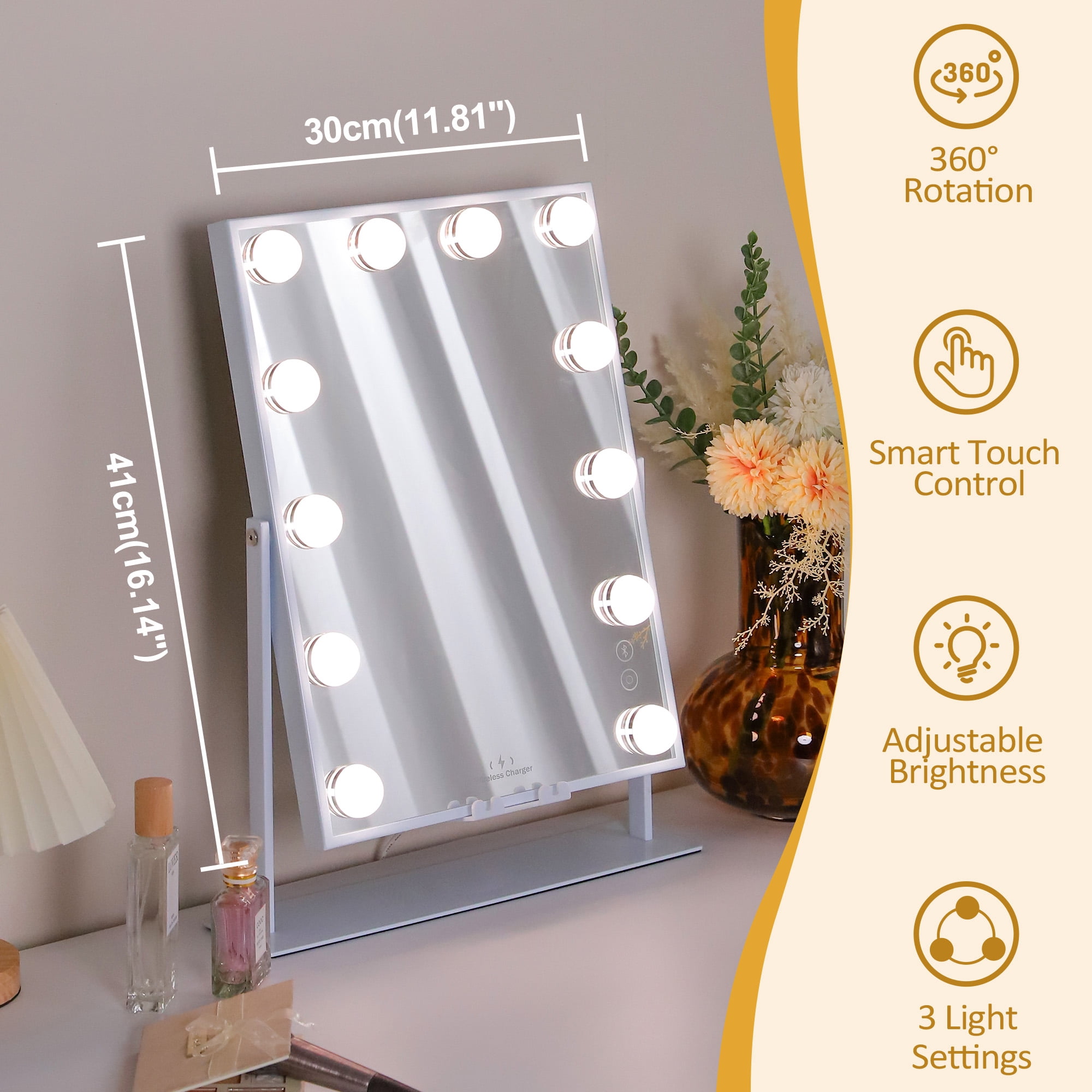 Fenchilin Vanity Makeup Mirror with Lights Bluetooth Wireless Charging Tabletop Metal White
