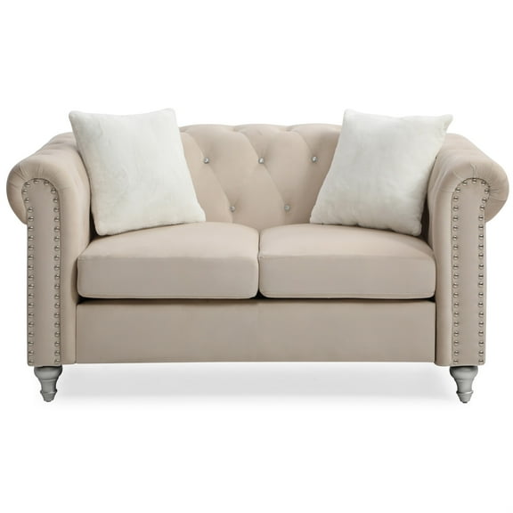 Passion Furniture Raisa 60 in. Beige Velvet 2-Seater Sofa with 2-Throw Pillow
