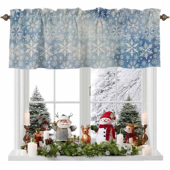 Curtain Valance for Windows,Xmas Winter White Snowflakes Seamless Blue Gradient Kitchen Valances Rod Pocket Short Curtains,Retro Linen Window Treatment Panel for Bedroom Bathroom 54x18in