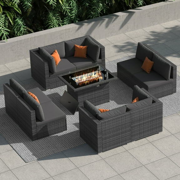 RADIATA 9 Pcs Wicker Outdoor Furniture with Fire Pit Table, Patio Sectional Sofa, Dark Gray