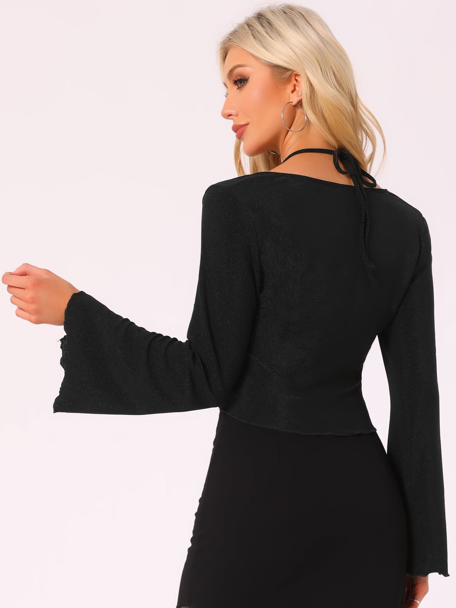DARING DIVA Women's Flounce Ruched Tie Back Long Sleeve Crop Tops XL Black