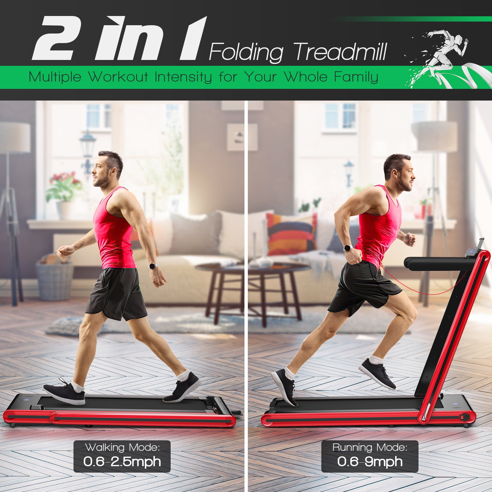Gymax 2.25HP Folding Treadmill 2-in-1 Walking Running Machine w/ APP & Remote Control Red