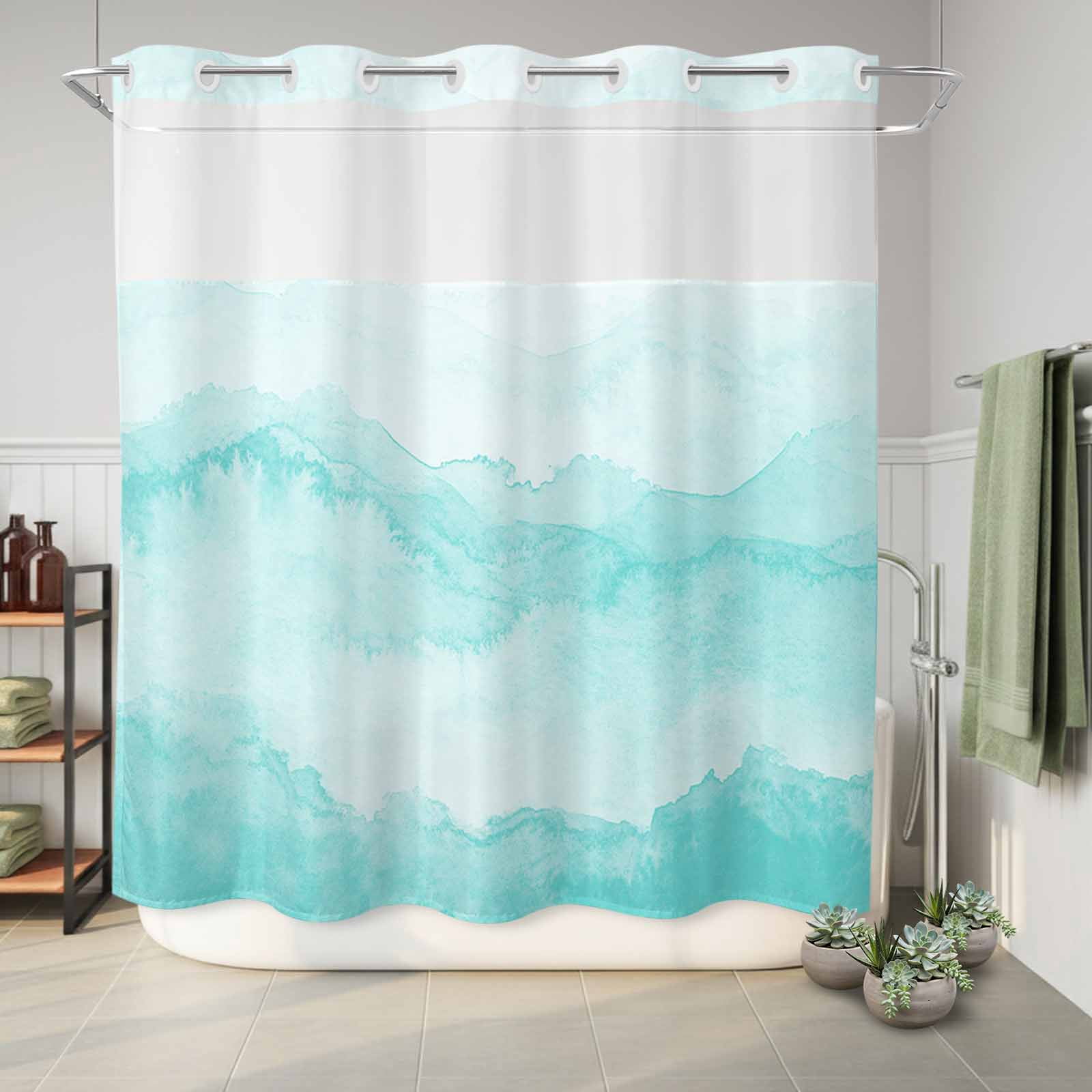 No Hook Shower Curtain Turquoise Mountain Shower Curtain for Bathroom Ombre Abstract Natural Bath Curtains Waterproof Fabric with See Through Top Window for Spa Hotel 72x72 Inch