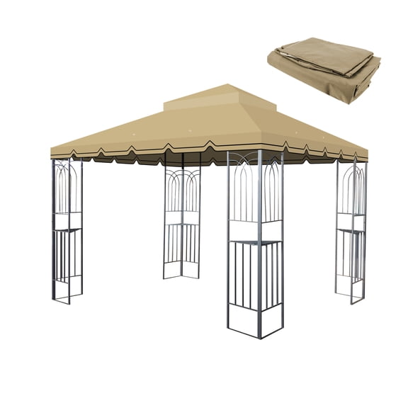 10x10 Ft Outdoor Patio Gazebo Replacement Canopy,Double Tiered Gazebo Tent Roof Top Cover Only Greatwall border(Frame Not Include)-Tan