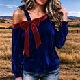 thumbnail image 3 of Tumotour Cold Shoulder Top for Women's Velvet Pullover Long Sleeve Top Fall Tunic Blouses with a Contrasting Bow at the Neckline, 3 of 8