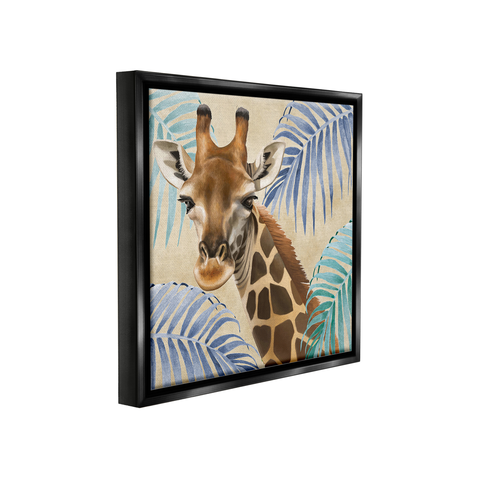 Stupell Industries Giraffe & Tropical Palms Animals & Insects Painting Black Floater Framed Canvas Art Print Wall Art, 25 x 25