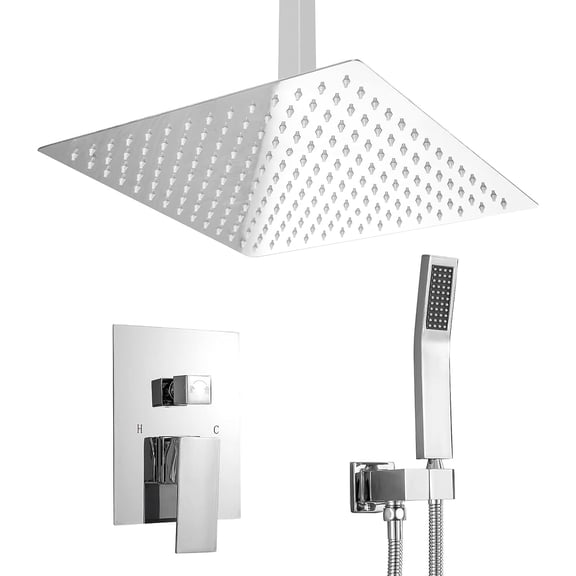 Mocoloo Shower System 10 Inch Ceiling Mounted Chrome Finish Stainless Steel Shower Head and Handheld with Brass Main Body Shower Valve Included