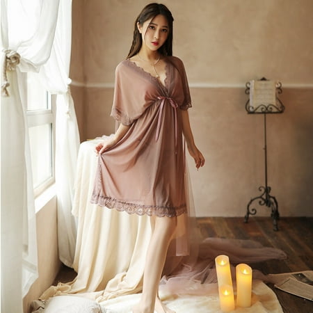 

KEVCHE Women V Neck Short Sleeve Sexy Lace Trim Sleepwear Nightdress Pajamas