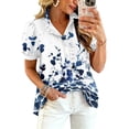 thumbnail image 2 of Boho Patchwork Print Blouse for Women, V-Neck Short Sleeve Button Down Top with Puff Sleeves - Colorful Casual Summer Tunic Shirt for Vacation & Beach Blue M, 2 of 6