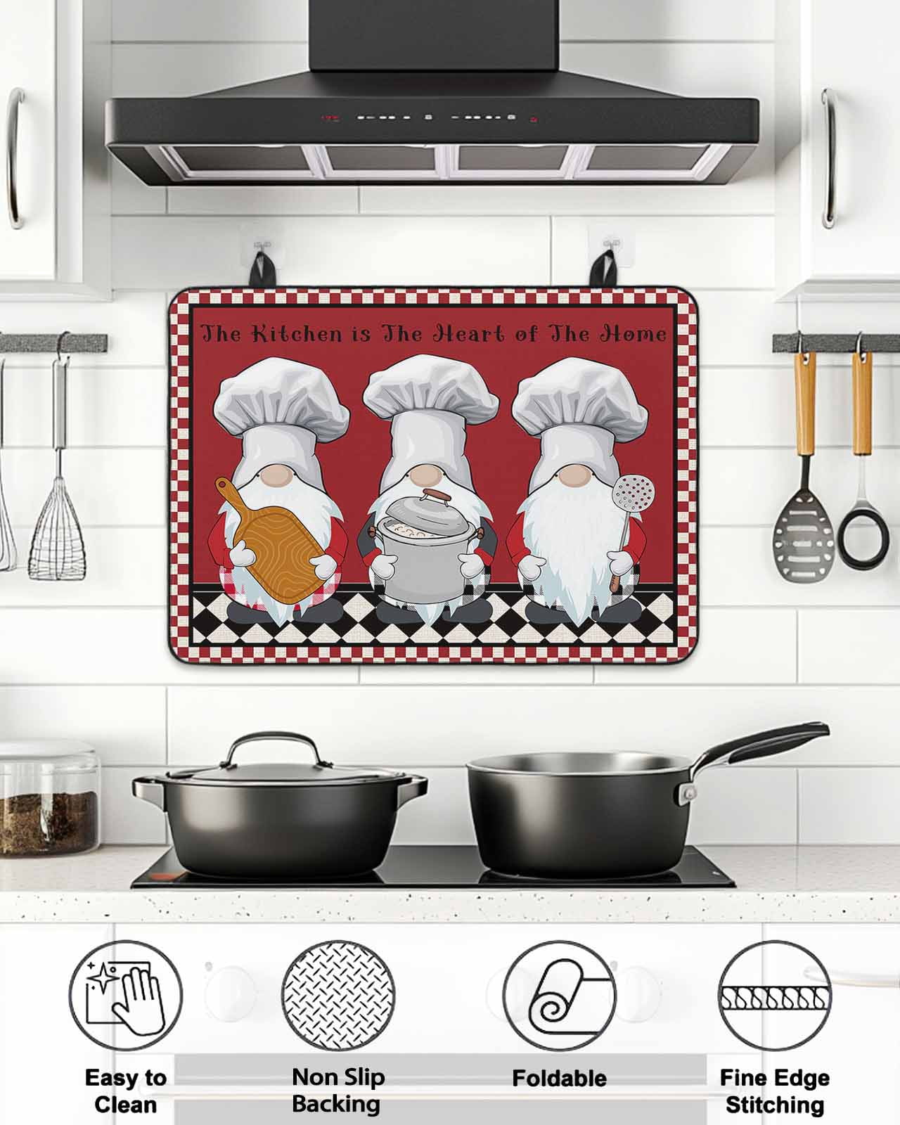 The Chef Stove Top Covers for Electric Stove, 28'x20'' Gnome Kitchen Black Buffalo Plaid Red Glass Ceramic Stove Cover Foldable Rubber Mat Heat Resistant Cooktop Protector for Kitchen