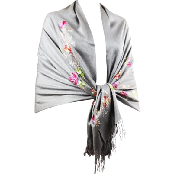 Elegant Light Gray Floral Embroidered Scarf with Fringe ,Women's Fashion Accessory
