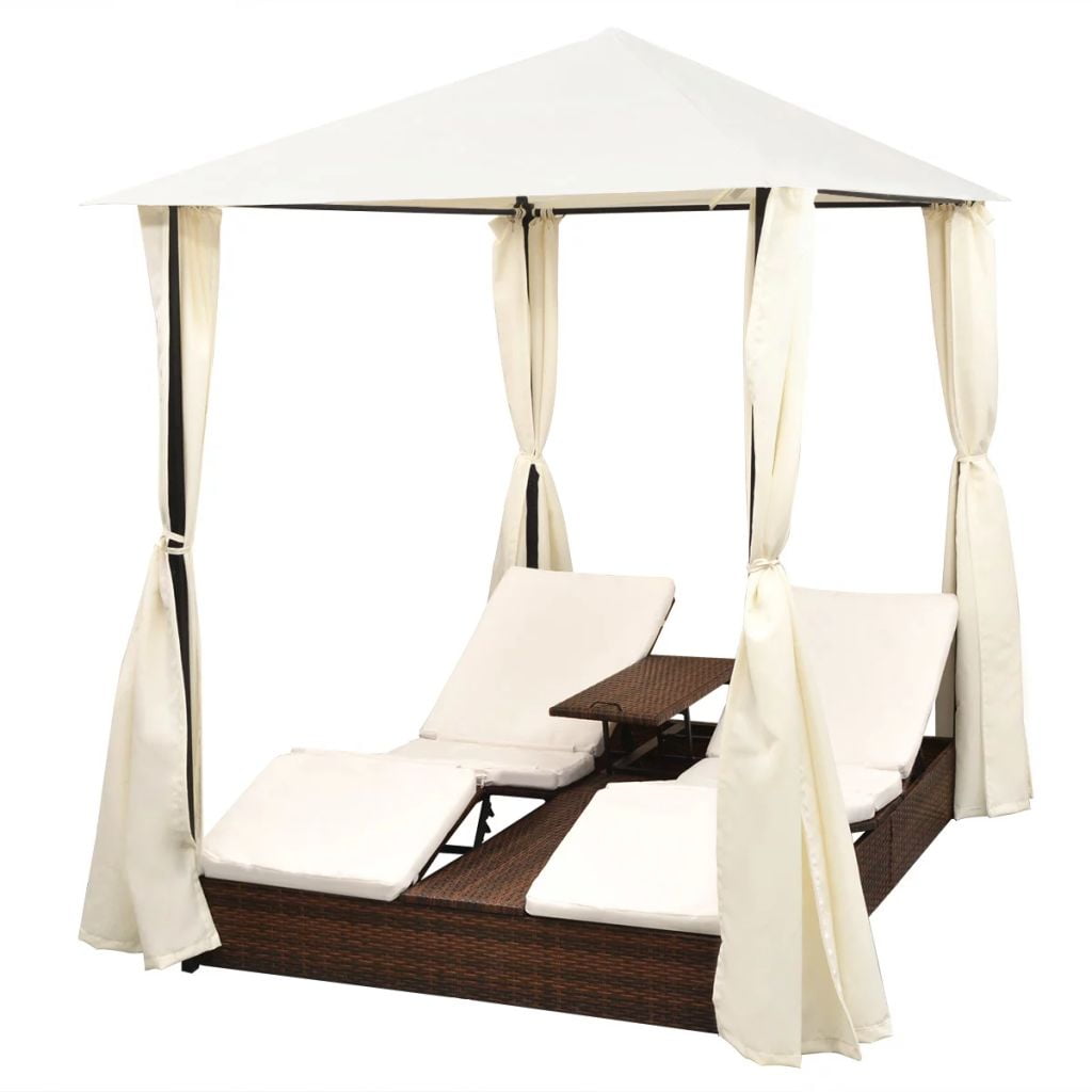 Kepooman Patio Rattan Double Sun Lounger Set with Curtains for Beach Garden, Brown Kepooman Patio Rattan Double Sun Lounger Set with Curtains for Beach Garden, Brown