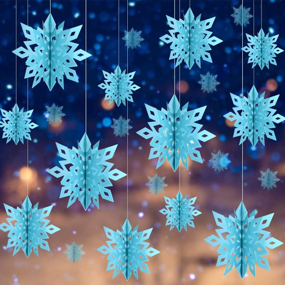 MIAHART Winter Christmas Hanging Snowflake Decorations 12 Pack 3D Blue Snowflake Hanging Garland Large White Snowflakes for Christmas Winter Wonderland Holiday New Year Birthday Party Home Decor