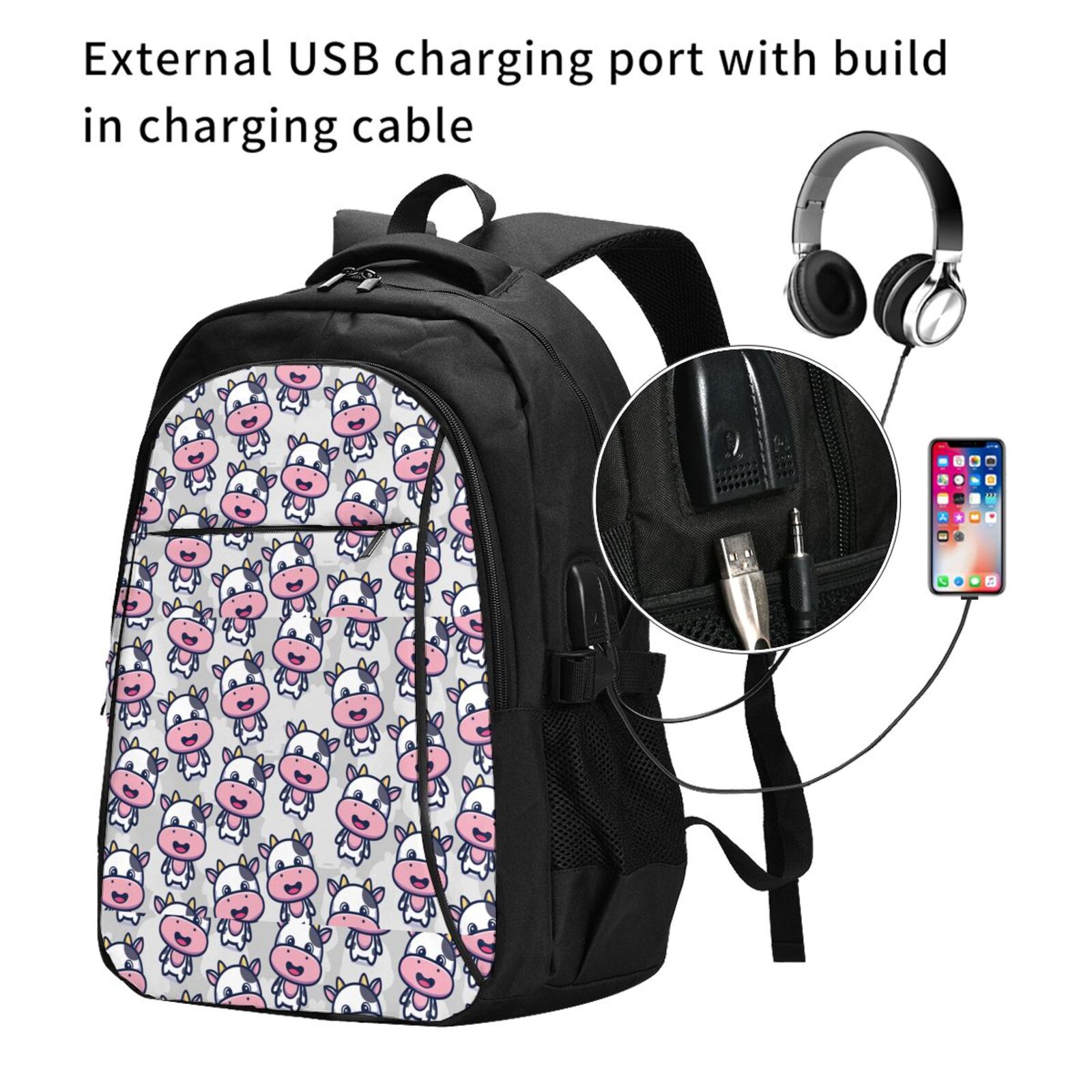 Horeoi Baby Cow Print USB Backpack for Travel School Work with Laptop Compartment Charging Port and Anti-Theft Pocket