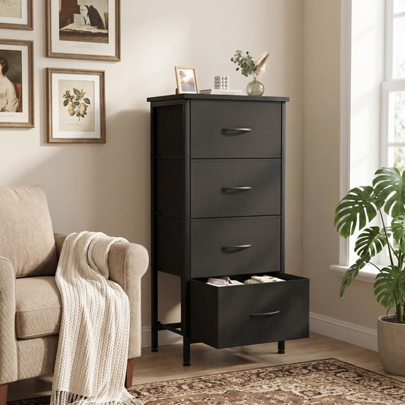 Kelno 4 Drawer Fabric Dresser Steel Frame Storage Chest Organizer with Wood Top, Black