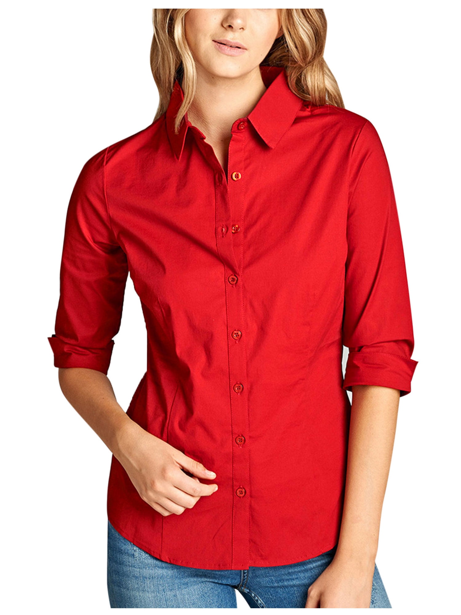 KOGMO Womens Classic Solid 3/4 Sleeve Button Down Blouse Dress Shirt 