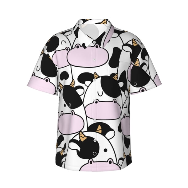 Fotbe Cute Animal with Cow Camisa Hawaiana para Hombre Unisex – Camisa Casual de Verano con Botones de Manga Corta de Algodón y Lino,Small