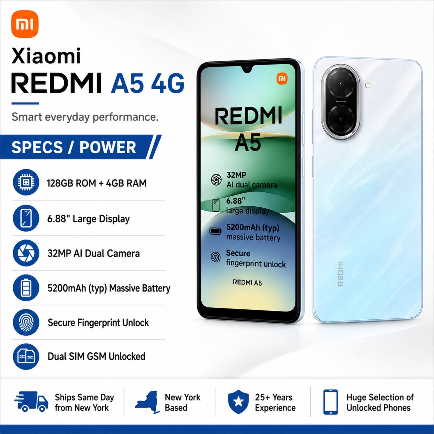 Xiaomi Redmi A5 4G 128GB ROM 4GB RAM Dual SIM GSM Unlocked - Blue
