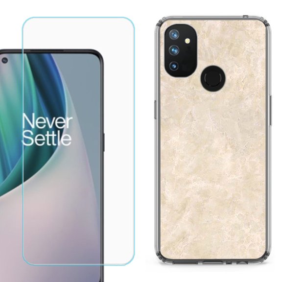 Slim-Fit Shockproof Phone Case compatible with OnePlus Nord N100, with Tempered Glass Screen Protector, by OneToughShield ® - Marble / Latte