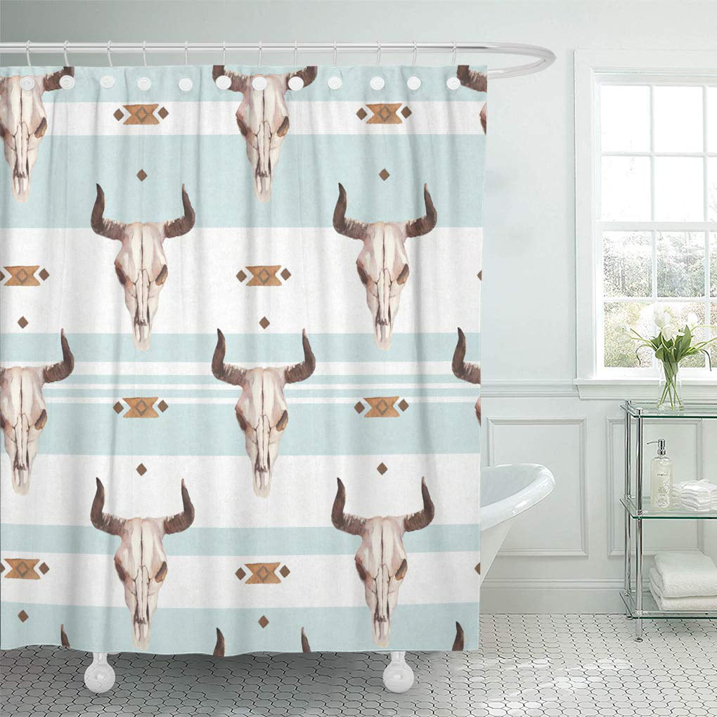 Cynlon Watercolor Ethnic Boho Seamless Pattern Of Bull Cow Skull Horns Bathroom Decor Bath Shower Curtain 60x72 Inch Walmart Com Walmart Com